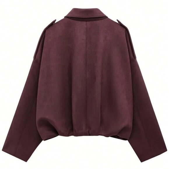 Burgundy Casual Women's  Loose Long Sleeves Zip Bomber Coat Jacket Outerwear - Picture 6 of 6